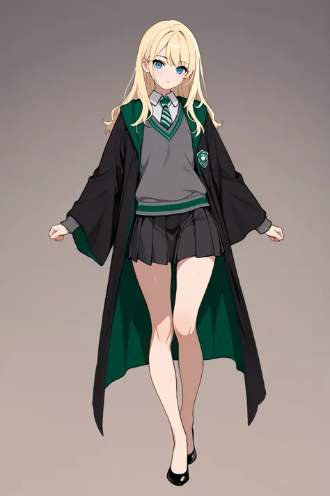 score_9, score_8_up, score_7_up, best quality, masterpiece, 4k resolution, 1girl, solo, youthful, beautiful, full body, long hair, blonde hair, blue eyes, looking at viewer, elegant posture, bare legs, smooth body, clean skin, hogwarts uniform, slytherin,...