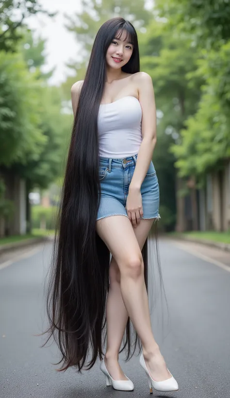 Very cute and young Asian girl with dimples.she is standing .She wears a very tight sleeveless and strapless white tube dress , fits tight denim mini skirt and white high heels. She has the longest black hair .Cô có mái light black hair dài nhất dài tới 32...