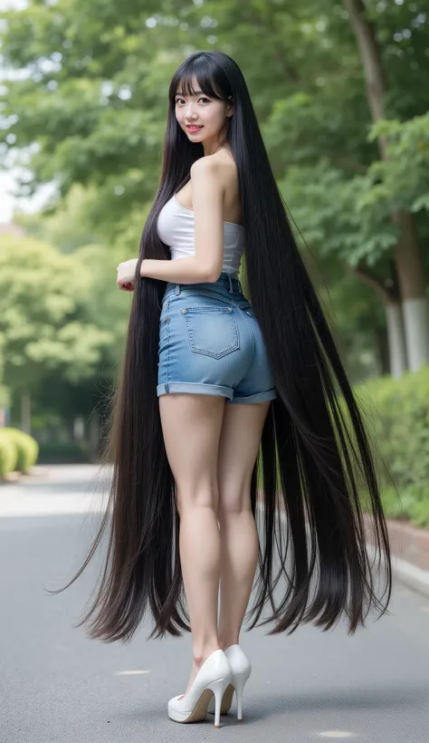 Very cute and young Asian girl with dimples.she is standing .She wears a very tight sleeveless and strapless white tube dress , fits tight denim mini skirt and white high heels. She has the longest black hair .Cô có mái light black hair dài nhất dài tới 32...