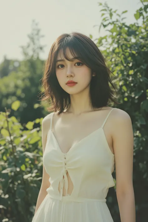 A Picture in a Nostalgic Garden、A Woman Surrounded by Greenery、Color Expression in the Style of an Old Photograph、soft sunlight、Transparent skin expression、hair fluttering in the wind、A Moment in My Memories、Serenity Like Time Has Stopped、emotional light p...