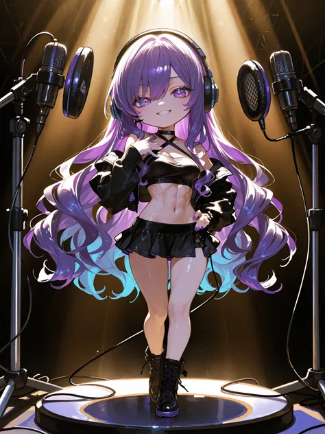 full body,shoot from front,makes an aesthetic,Master piece,Best Quality,ultra detailed,8K,chibi,a pretty woman, solo,Very Long Hair,Shiny Hair,Wavy Hair,beautiful violet hair,headphone,iris eyes,grin,standing , put hands hip,put one hand chest,looking at v...