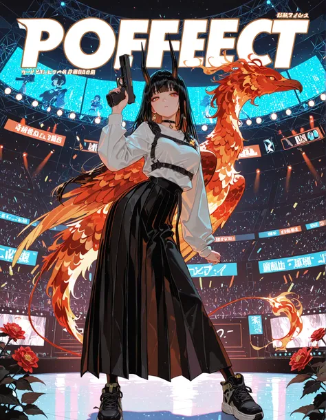 1girl, jitome(0.5), orange eyes, short black hair, blunt bangs, medium Breast, black ribbon, phoenix pattern, wolfcut, pleated slit long skirt, Choker, black nail polish, Functional Sneakers, long tail, long horns, masterpiece, best quality, Perfect detail...