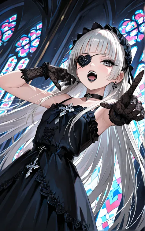 score_9, score_8_up, score_7_up, score_6_up, 
1girl, teen girl, highschool girl, pretty black gothic dress with black petal accents, white hair, hime-cut hair, straight hair, long hair, grey eyes, thick lips, small, long eyelashes, heart shaped eyepatch, o...