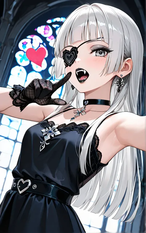 score_9, score_8_up, score_7_up, score_6_up, 
1girl, teen girl, highschool girl, pretty black gothic dress with black petal accents, white hair, hime-cut hair, straight hair, long hair, grey eyes, thick lips, small, long eyelashes, heart shaped eyepatch, o...