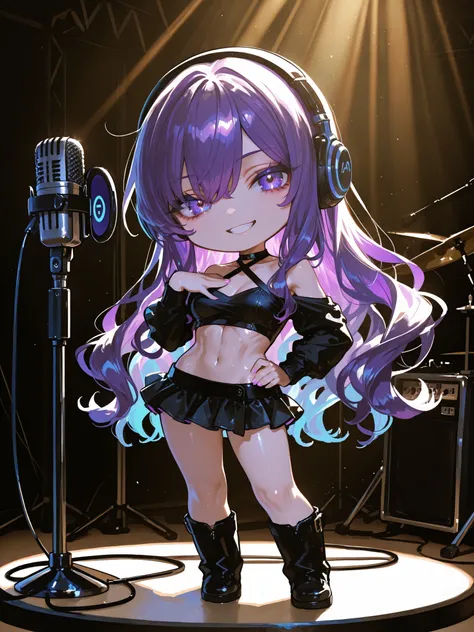 full body,shoot from front,makes an aesthetic,Master piece,Best Quality,ultra detailed,8K,chibi,a pretty woman, solo,Very Long Hair,Shiny Hair,Wavy Hair,beautiful violet hair,headphone,iris eyes,grin,standing , put hands hip,put one hand chest,looking at v...