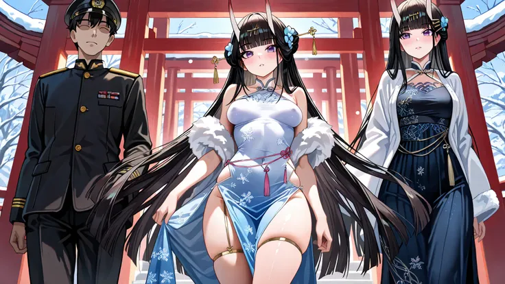 UHD, 8k resolution, masterpiece, 2.5d, best quality, amazing quality, very aesthetic, absurdres, newest. 1 girl and 1 man. Noshiro, elegant, mature woman, jet-black waist-length straight hair, detailed face, detailed eyes, poise, calm, composed expression,...