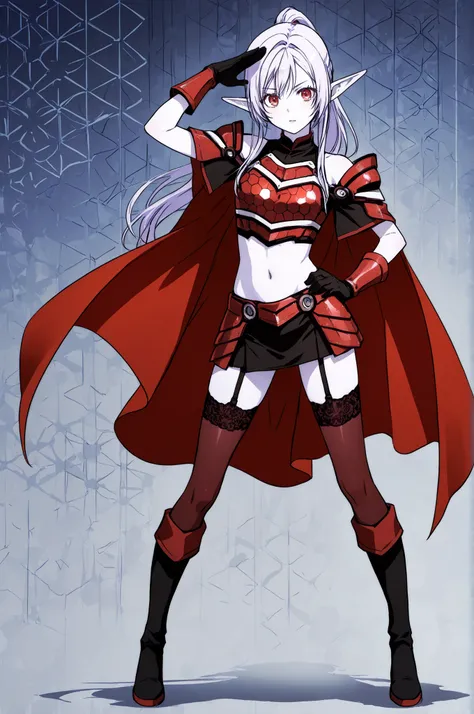 Full body anime elf girl, fiona green, 1girl, red eyes, short silver hair with light purple highlight, pale skin, elf ears. Futuristic black and red armor with exposed midriff, small shoulder guards, long split red cape with hexagonal patterns, mini skirt,...