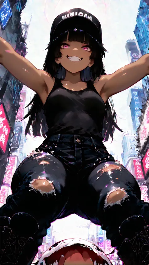 (masterpiece , detailed:1 . 2) , highest quality , Ultra High Quality , k , Beautiful and delicate anthropomorphic girl,
Sanpaku eye, beautiful eye,(laugh face:1.3) ,(frown;1.3), (grin;1.3), hime cut, black base ball cap,
(dark skin:1.3), black hair, Devil...