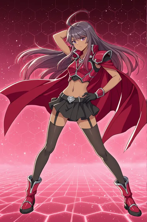 Zhang, 1 girl, solo, long hair, straight hair, ahoge, gradient hair, purple eye, dark skin. Futuristic black and red armor with exposed midriff, small shoulder guards, long split red cape with hexagonal patterns, mini skirt, thigh-high stockings, futuristi...