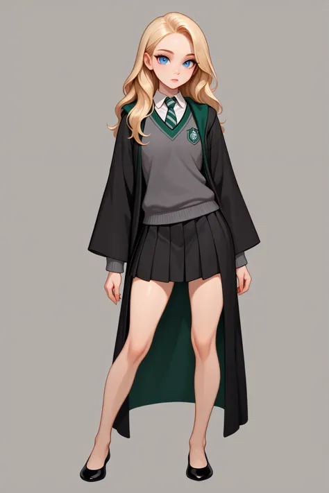 score_9, score_8_up, score_7_up, best quality, masterpiece, 4k resolution, 1girl, solo, youthful, beautiful, full body, long hair, blonde hair, blue eyes, looking at viewer, elegant posture, bare legs, smooth body, clean skin, hogwarts uniform, slytherin,...