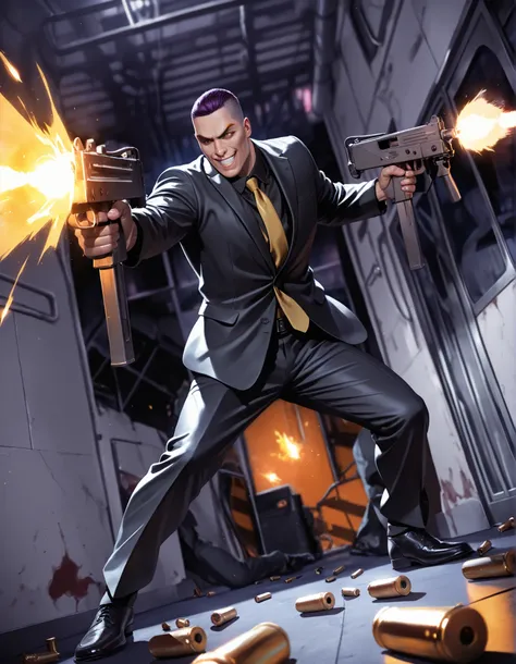 SMG-0, masterpiece, best quality, intricate details, detailed background, high res, highest quality, 8k, 1boy, mature adult male, solo, solo focus, hitman, assassin, purple hair, short hair, combed back hair, large brown eyes, large grin, white teeth, evil...