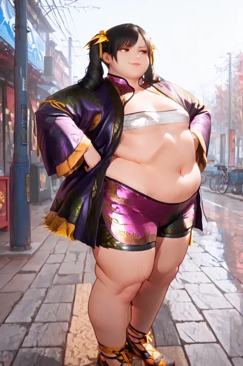 masterpiece, best quality,1girl, solo, Ling Xiaoyu, long hair, black hair, twin tails, brown eyes, lips,, Asian, shirt, long sleeves, hair ornament, ribbon, hair ribbon, open clothes, shorts, open jacket, black jacket, black shorts, Chinese clothes, short ...