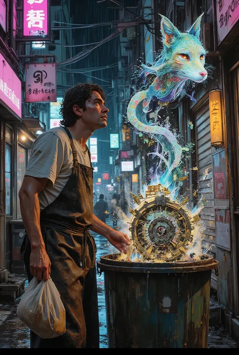 Cinematic, melancholic, wide shot, hyperrealistic, 8K. Neo-Tokyo at night, a rain-slicked, neon-drenched alley cluttered with holographic ads and decaying concrete. The scene is pure cyberpunk noir.
The chosen one is not a hero, but a weary, young ramen c...