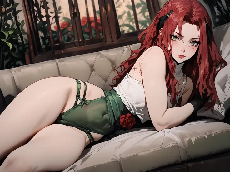  malty melromarc \(tate no yuusha \) a beautiful young woman with long red hair lying on a couch in a casual pose, wearing a white tank top and green panties. the image also shows a soft, blurred indoor setting with a potted plant in the background. on the...