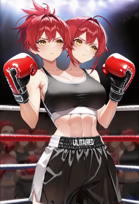 (masterpiece),(ultra-detailed), (high quality), (high resolution), (best quality:1.5, highres, UHD), highres, absurdo, ultra detail, ultra quality, Ultra resolution, 16k, 1girl, (2heads:1.5), , red hair, female boxer, boxing gloves, boxing ring, midriff, y...