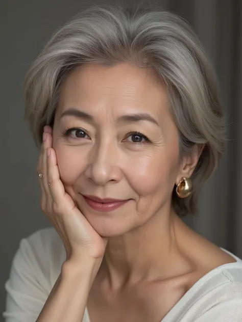 Japanese mature woman, solo, seductive aura, sensual expression, elegant and confident, soft lighting, visible wrinkles around eyes and mouth, natural aging signs, age 80s, realistic skin texture, slight sagging skin, high detail, photorealistic, studio po...