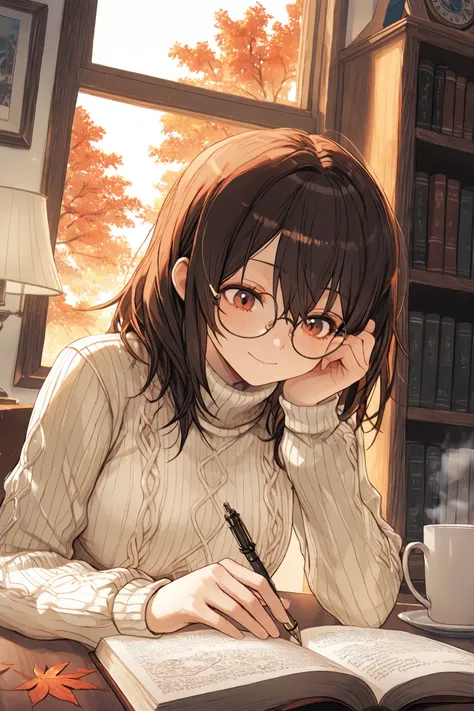 Highest Quality, Superb Resolution, Masterpiece, girl reading a book, An expression of someone immersed in a story, gentle smile, A cream-colored turtleneck sweater, plaid long skirt surrounded by wizards, A lap blanket, reading glasses,Warm clothing, medi...