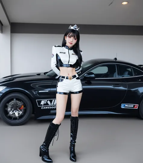 high resolution, mulher adulta , good lighting, despicable, , (sem nudez), (((racing queen's uniform))), (()), (((thigh-high leather boots))), (cinta-liga), abdomen only, (Shorts molhados), , rosto fofo, eu'I'm embarrassed and blushed, humilhante, ((...