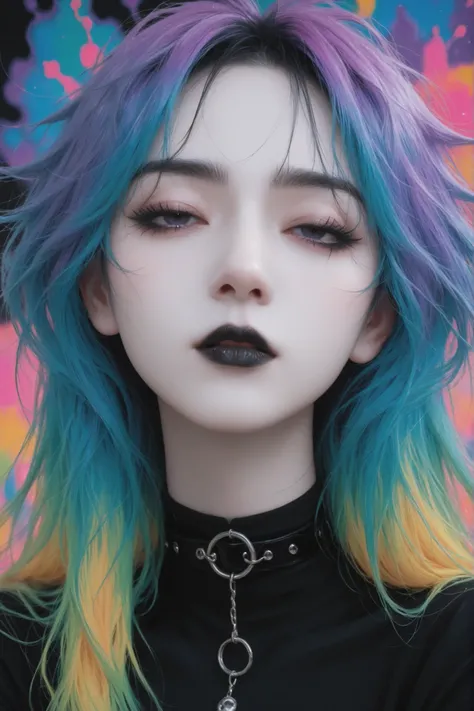 1girl, goth, goth girl, vibrant hair, messy hair, vivid colors, vibrant colors, portrait, colorful background, bedhead, black mascara, heavy mascara, thick mascara, big mascara, black lips, half closed eyes, messy bangs, bed head