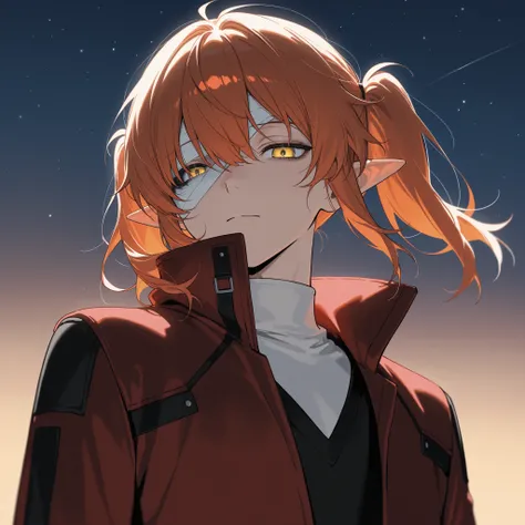 score_9, score_8_up, score_7_up, masterpiece, best quality, detailed face, 1 boy, solo, handsome, cool, slender body, mature, light makeup, closed mouth, tired eyes, emo,
Medium hair, orange hair, elf ears, left split bangs, high twintail, yellow eyes, ban...