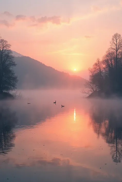 The calm dawn scene, light fog dancing over a quiet lake, the golden sun rises slowly behind the hills, waterfowl waking up quietly, trees reflected on the still water surface, pink sky with orange threads