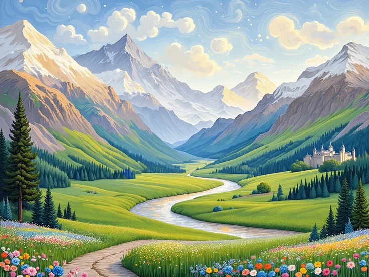 A landscape painting depicts a valley nestled between snow-capped mountains.  A winding river meanders through the valley, flowing from the mid-ground to the foreground.  The valley floor is covered with lush green meadows and dotted with small, white wild...