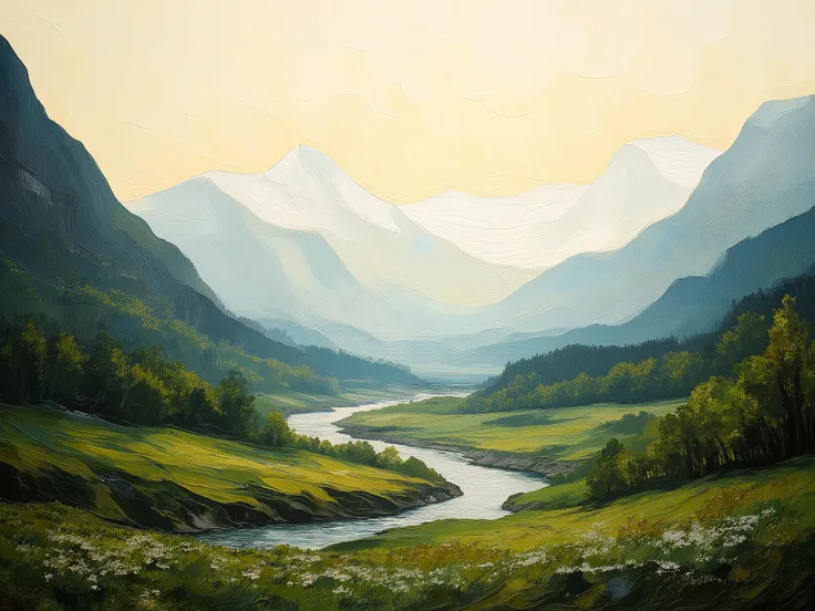 A landscape painting depicts a valley nestled between snow-capped mountains.  A winding river meanders through the valley, flowing from the mid-ground to the foreground.  The valley floor is covered with lush green meadows and dotted with small, white wild...