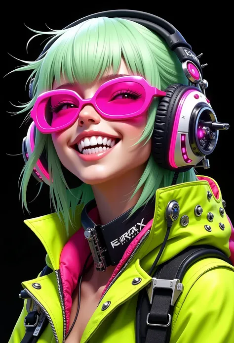Young adult female cyborg, vibrant style,  grinning broadly,  showing sharp teeth.  Light skin tone,  short,  pastel green hair.  Large, bright pink sunglasses,  oversized and futuristic.  Cyberpunk-inspired clothing: bright lime green jacket with pink acc...