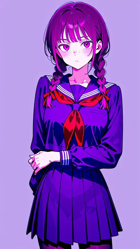 1girl, Literary Girl、twin braided hair、freckles、dark purple school uniform、Sailor suit 、skirt、Black Tights、red ribbon。place your arm over your eye、Use your right arm。Left hand behind body。