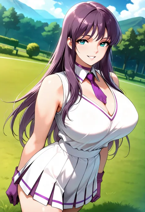(best quality, masterpiece, ultra detailed, high resolution), Beautiful , tall, score_9, anime style, Masterpiece, best quality, 1girl, purple necktie, solo, Saori kido, athenakido, purple hair, long hair, aqua eyes, bangs, mature female, , breasts,, , ,, ...