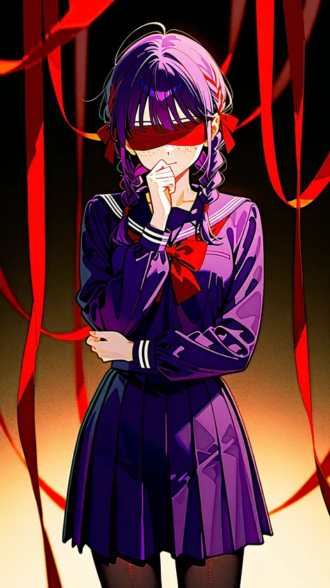 1girl, Literary Girl、twin braided hair、freckles、dark purple school uniform、Sailor suit 、skirt、Black Tights、red ribbon。Place your right forearm over your eyes、Left hand behind body。