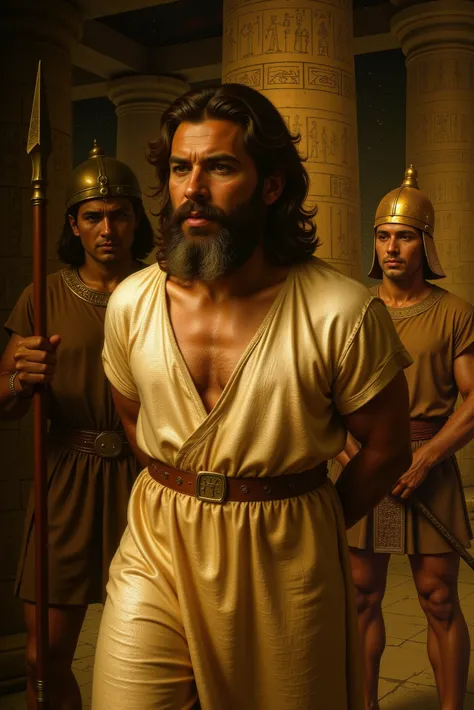 Create a realistic image with mythological and Egyptian elements. The scene shows Frásio, the seer from Cyprus, being led by Egyptian soldiers toward a sacrificial altar. Frásio is a middle-aged man with gray hair and a contemplative expression, wearing a ...