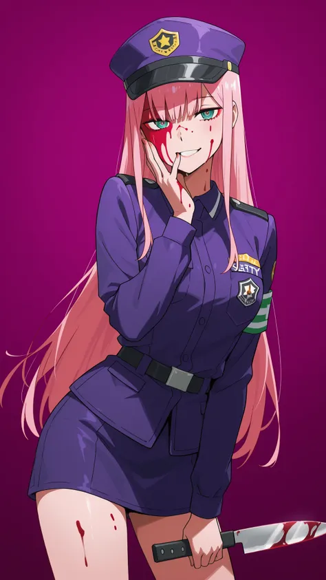 Waifu zero two,  is left in a sensual pose, wearing Five Night at Freddy's security guard uniform,  uniform purple, with a bloody knife , pizzeria with blood stains on his face and neck, At Five Night Ar's Freddy's