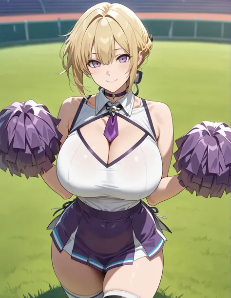 (best quality, masterpiece, ultra detailed, high resolution), Beautiful , score_9, anime style, Masterpiece, best quality, evelyn chevalier,purple eyes, blonde hair, short hair,, mature female, large breasts, purple choker, detached collar, cleavage, thick...