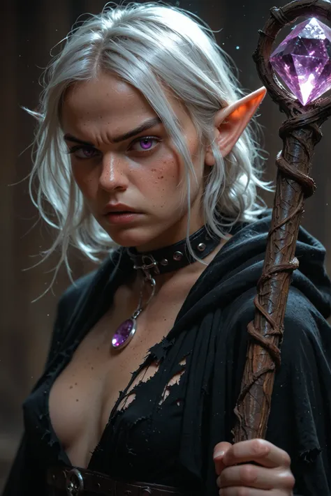 This is a highly detailed, hyperrealistic digital painting of an ethereal elf. She has pale, almost white, freckled skin, long, disheveled white hair, and pointy ears. Her violet eyes are slightly lowered, and her lips are full and pale, her expression ser...