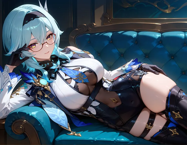((dark filter)), BREAK EulasDxL,a Woman, Alone, ((Lying on my side on a couch)), pose sexy, looking at the spectator, Seductive expression, eyeglasses, hair ornament, thighhighs, Gloves, long sleeves white, blue hair, yellow eyes, headband, tie, black Glov...
