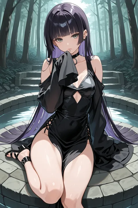 bare shoulders, black choker, black dress, black sleeves, choker, clothing cutout, detached sleeves, dress, gothic, shoulder cutout, sleeves past fingers, sleeves past wrists, very long sleeves,,pasan, black hair, blunt bangs, blunt ends, chin piercing, co...