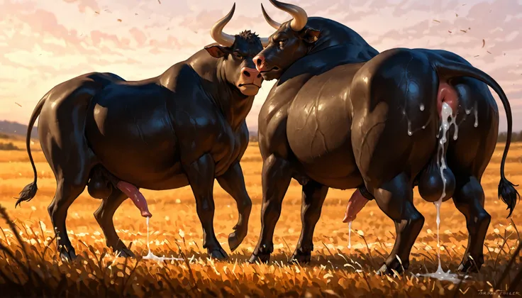 by Anhes, by Taran Fiddler, ((A bull standing in a field presenting his ass to the viewer as another bull walks off screen with his penis leaking cum.)) bulls, cattle, male/male, feral, 2males, after sex, after anal, overweight, chubby, brown eyes, detaile...