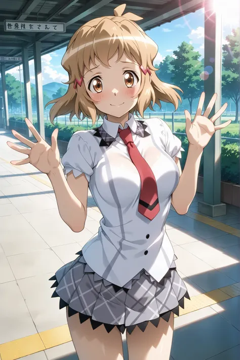 Station platform, outdoors、solo,symphogear,tachibana hibiki,((lens flare))、A slightly embarrassed smile、Standing in a cute pose 、five fingers、、school_uniform, shirt, short_sleeves, pleated_skirt, red_necktie,