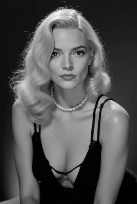 The photograph is in black and white, consistent with classic Hollywood glamour photography of the 1930s. The black and white photograph shows a glamorous girl with a stylish, wavy blonde long hairstyle. She is wearing a black open sleeveless dress with st...