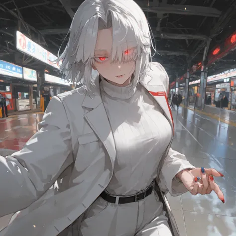 (masterpiece, best quality), amazing quality, absurdres, 8k, HDR, (very aesthetic), perfect anatomy, perfect hands, perfect eyes, gloss skin, female, 1woman, fair skin, snow-white hair, (middle-part:1.5), hair slightly over right eye, breathtaking eyes, em...