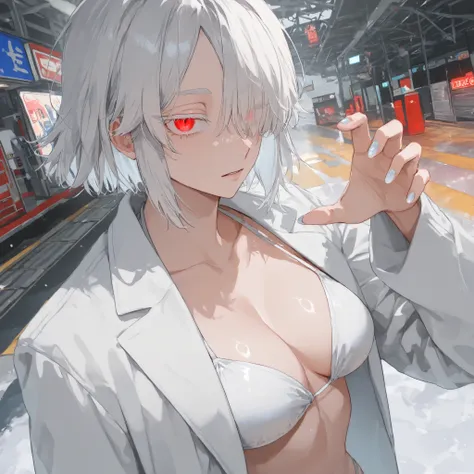 (masterpiece, best quality), amazing quality, absurdres, 8k, HDR, (very aesthetic), perfect anatomy, perfect hands, perfect eyes, gloss skin, female, 1woman, fair skin, snow-white hair, (middle-part:1.5), hair slightly over right eye, breathtaking eyes, em...