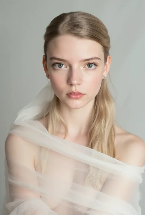 A girl with a soft, serene expression stands wrapped in a delicate, ethereal fabric. Her skin appears to have a flawless, creamy texture, enhanced by the soft glow of the ambient light. Her long white hair, styled in elegant waves, is pinned up partially, ...