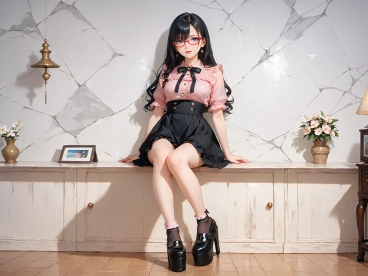 ((inspired by )),((inspired by Animation Style:1.5)),(masterpiece, best quality),beautiful, beautiful-woman, ((detailed face)).(full body:1.3).,
((black hair)), glasses, blue eyes, long hair, over-rim eye-wear,semi-rimless eye-wear, between eyes .(red-fra...