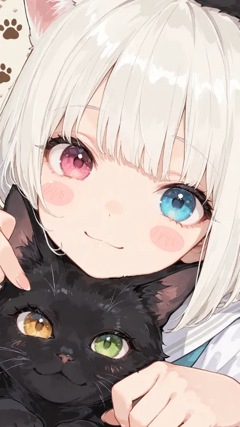 bangs,eye focus,face,close-up,looking at viewer,eyelashes,Cute,748cmstyle,(masterpiece:1.2, best quality), (beautiful detailed eyes:1.2), ((beautiful female)), (very detailed CG, ultra detailed), (very detailed and beautiful:1.1), (perfect details:1.1), anime girl making a cat pose with her fingers, showing she is okay, 1girl, :>, white sailor uniform, solo, short white bob hair, smile, blush stickers, black cat, cat paw prints, candy house background, face close-up, a cat on the girl's head, heterochromia, looking at viewer