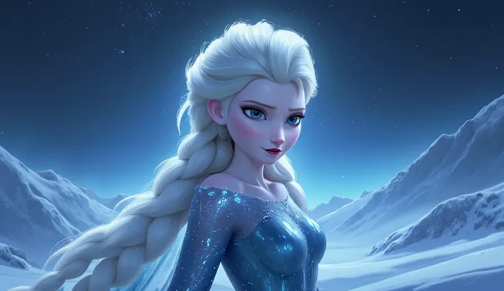 A semi-realistic digital painting of a powerful ice queen standing under a starry night sky, wearing futuristic icy-blue armor that glows with frosty energy. Her long platinum braid flows over her shoulder, and her piercing blue eyes shine with determinati...