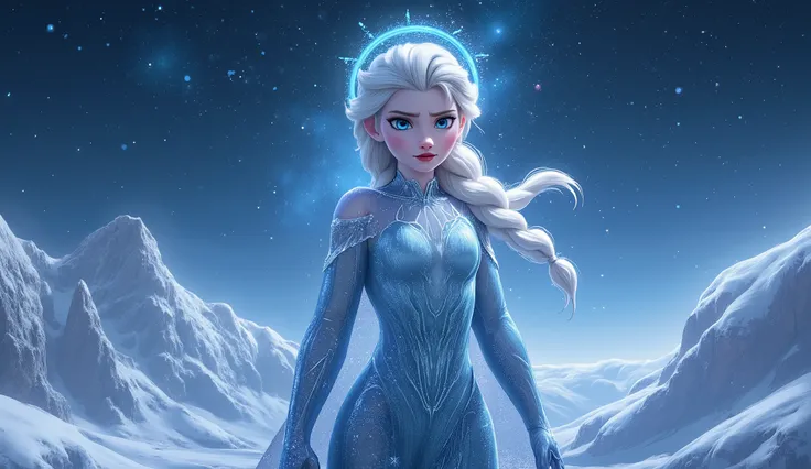 A semi-realistic digital painting of a powerful ice queen standing under a starry night sky, wearing futuristic icy-blue armor that glows with frosty energy. Her long platinum braid flows over her shoulder, and her piercing blue eyes shine with determinati...