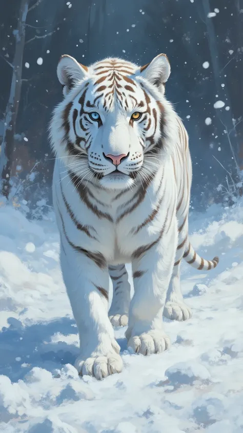 ultra-detailed, masterpiece, best quality, acrylic paint style, white tiger, ((heterochromia: one blue eye, one orange eye)), facing camera, snow, snowing, tundra, dusk. 