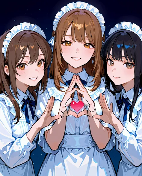 3 girls are making hearts with their own hands, smile、anatomically accurate、5 accurate and detailed fingers