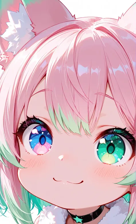 masterpiece, 8k, Highest Quality, detail, high resolution, Digital Painting, ultra detailed, close-up of a fox girl chibi style, big heterochromatic eyes: one pastel pink with stars, one mint green glowing softly, playful smile, ultra-cute expression

